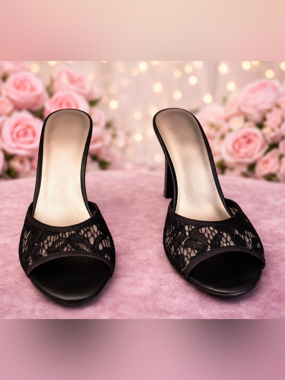 Nine West Black Lace Open-Toe Heeled Mules
